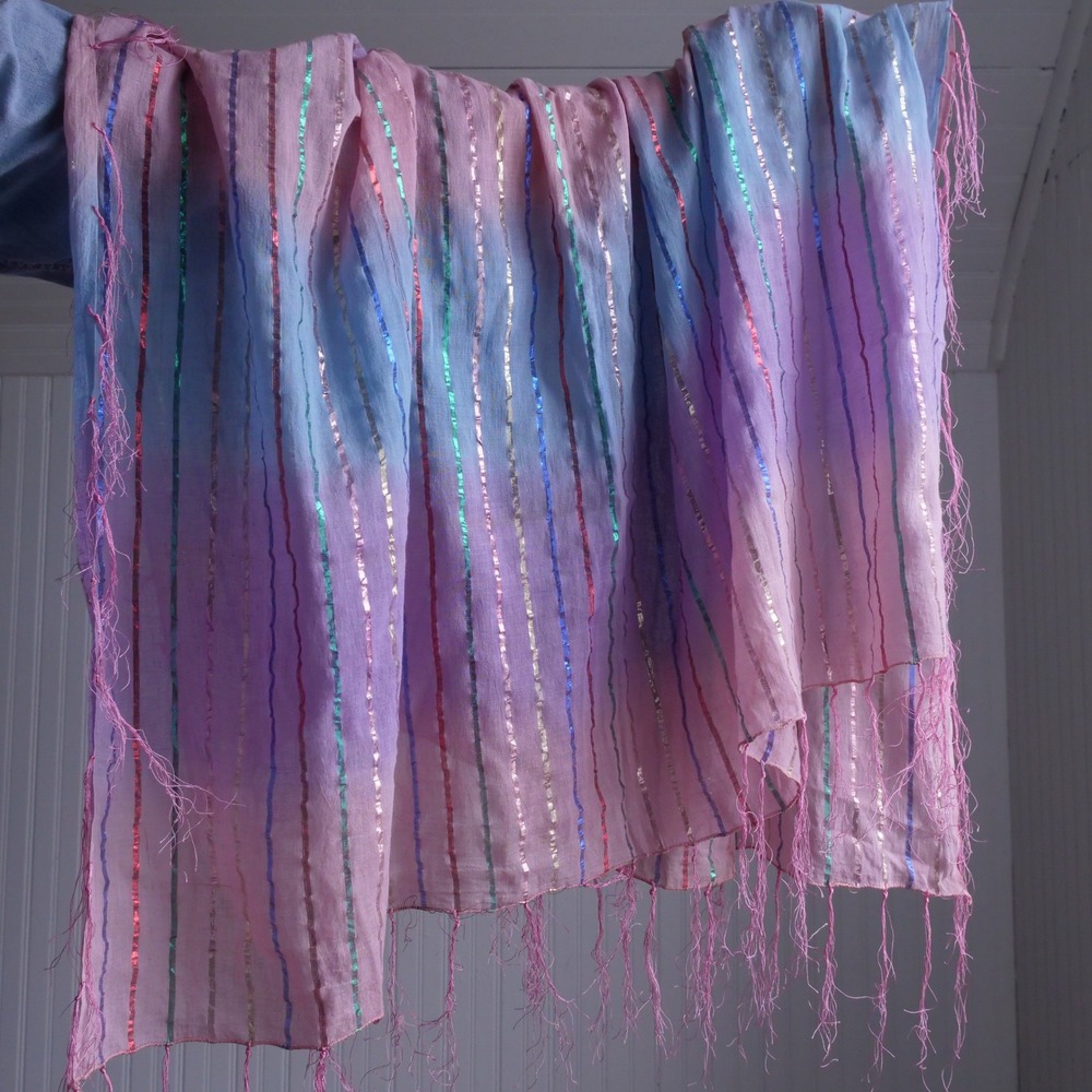 Vintage 1970s made in India‎ rainbow lurex striped cotton big scarf